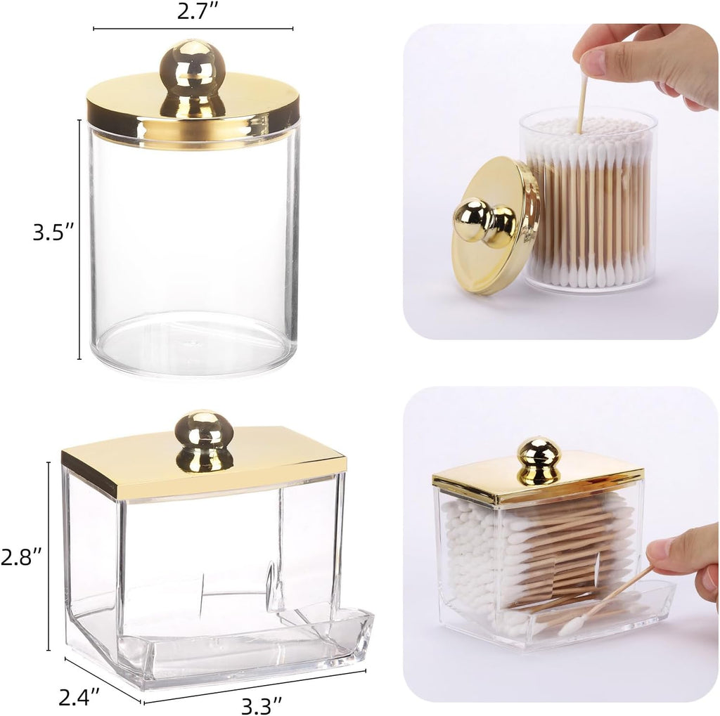 Tbestmax Qtip Dispenser - Stylish Bathroom Organizer with Gold Lid | 2-Pack Plastic Apothecary Jars