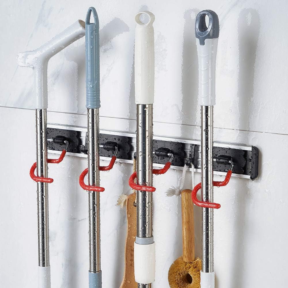 Skiennix Wall Mounted Mop and Broom Holder - Stainless Steel Organizer with 4 Positions & 3 Hooks | 17 Inches, Red/Black