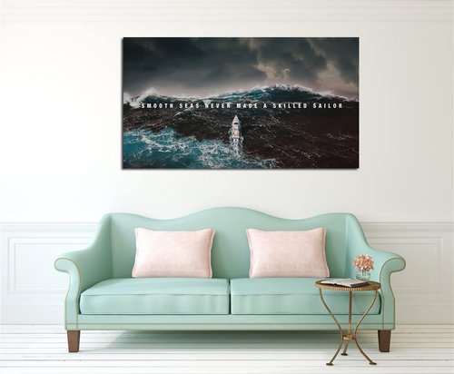 Sea Waves Canvas Prints Wall Art Inspirational Smooth Sea Never Made a Skilled Sailor Wall Art Canvas Print Framed Picture Painting for Office Hallway Home Decor-24"x48"