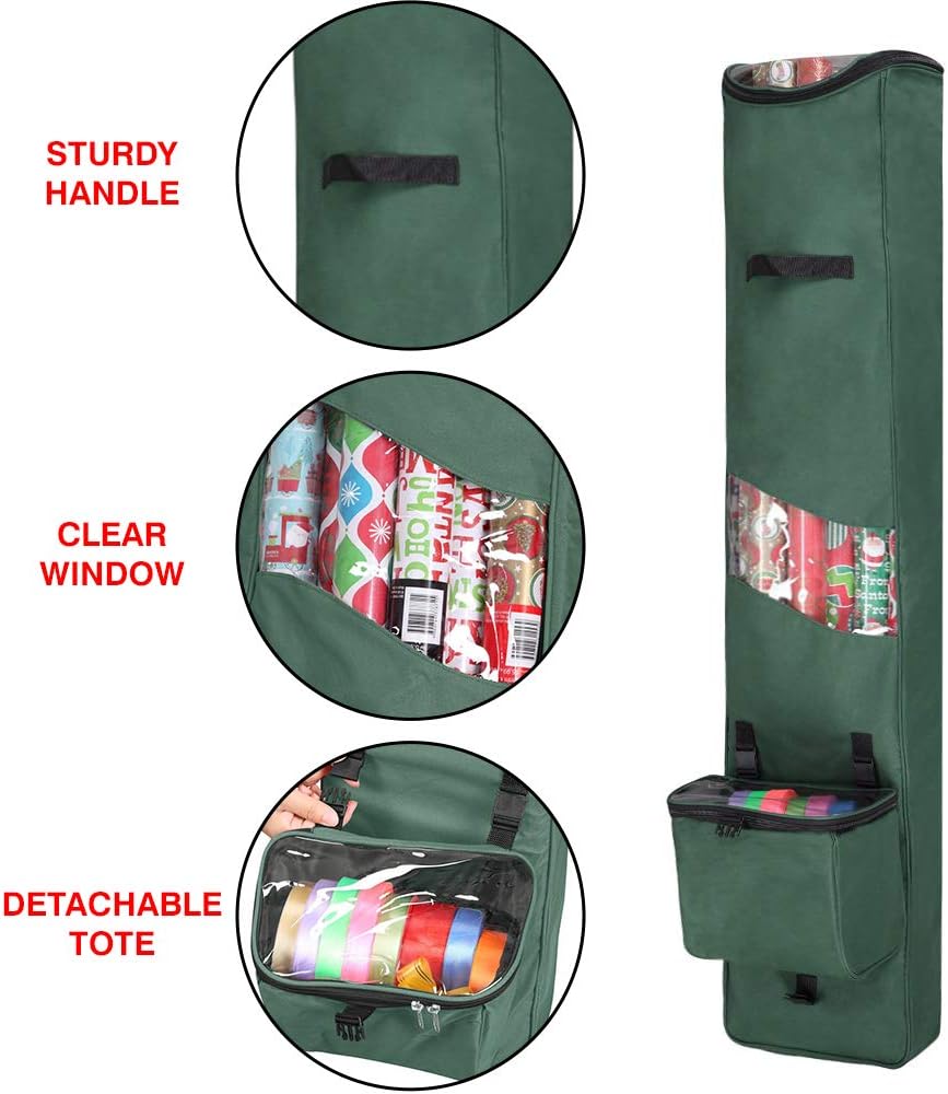 Primode Heavy Duty Christmas Gift Wrap Storage Bag - Long Wrapping Paper Organizer with Detachable Tote | 48" x 10" x 5" (Green)