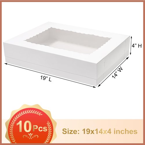 Mefleet 10pcs 19x14x4 Half Sheet Cake Boxes with Window Rectangle 1/2 Sheet Bakery Boxes for Pastry Baking Cake, Cupcakes, Donuts, Cookies, Pie Treat Packaging White Large