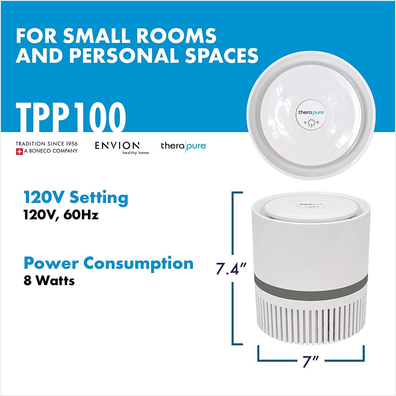 Envion Therapure TPP100 Compact 360 HEPA Type Air Purifier, 2-Speed Grey, 25 Sq Ft Capacity | Removes Odors, Smoke, Mold, Pet Dander, Bacteria And More!