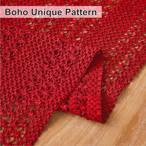 Red Macrame Burlap Table Runner 11.8x35.4in Christmas Boho Decor - Timecity