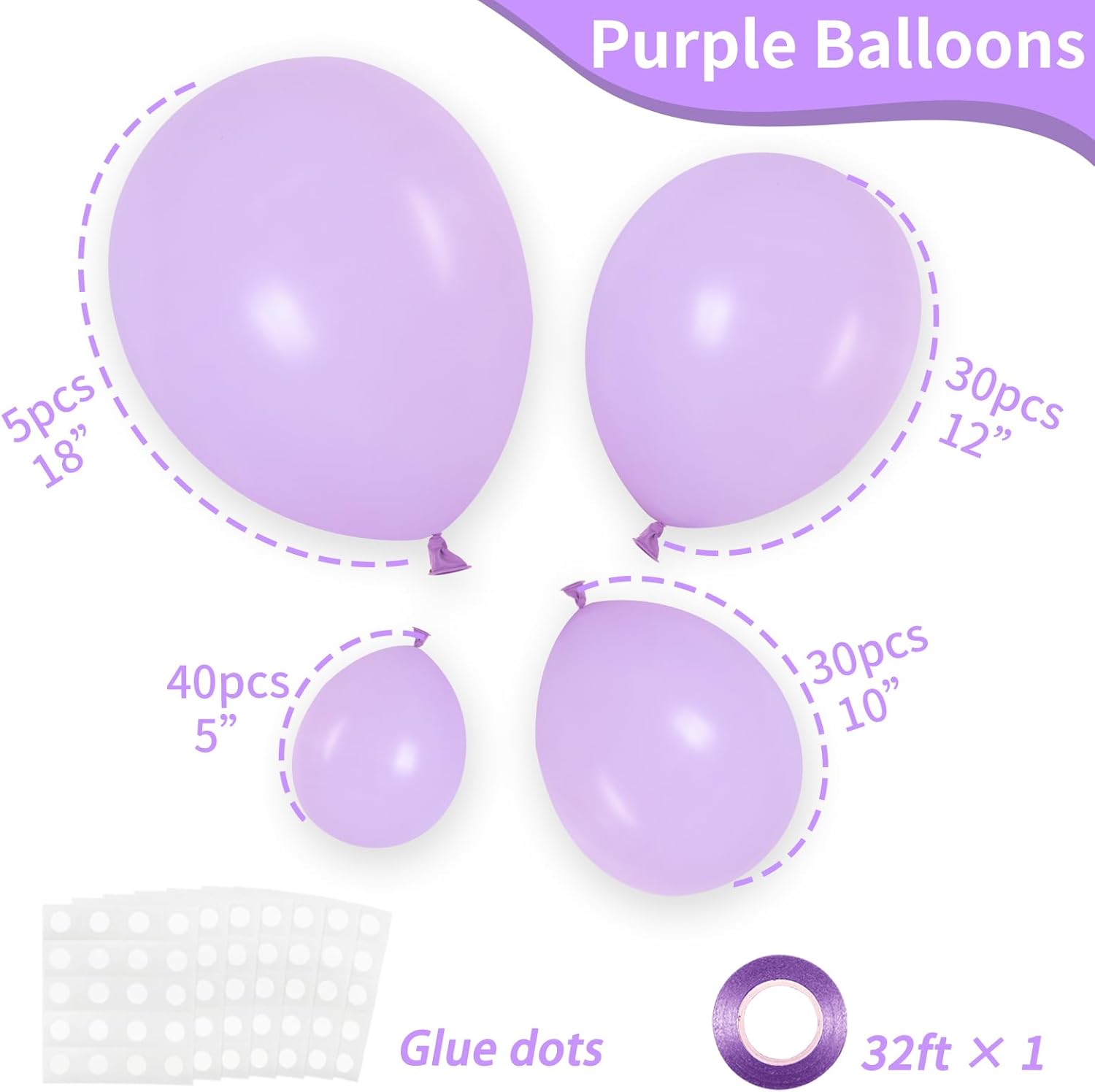 RUBFAC Lavender Purple Balloons - 105pcs in 5/10/12/18 Inches | Light Pastel Latex for Party Decor