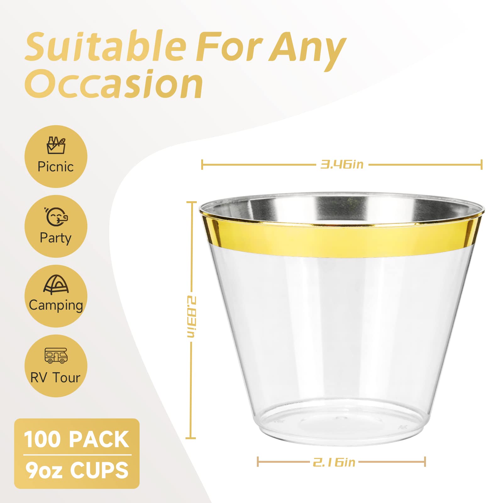 EASERCY 100 Plastic Cups 9 Oz Gold Old Fashioned Tumblers Rimmed for Party Decorations Disposable Clear Wedding Elegant