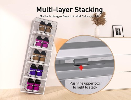 Kuject X-Large Shoe Storage Boxes - Clear Plastic Stackable Organizers | 12 Pack for Sneakers & Toys, Grey