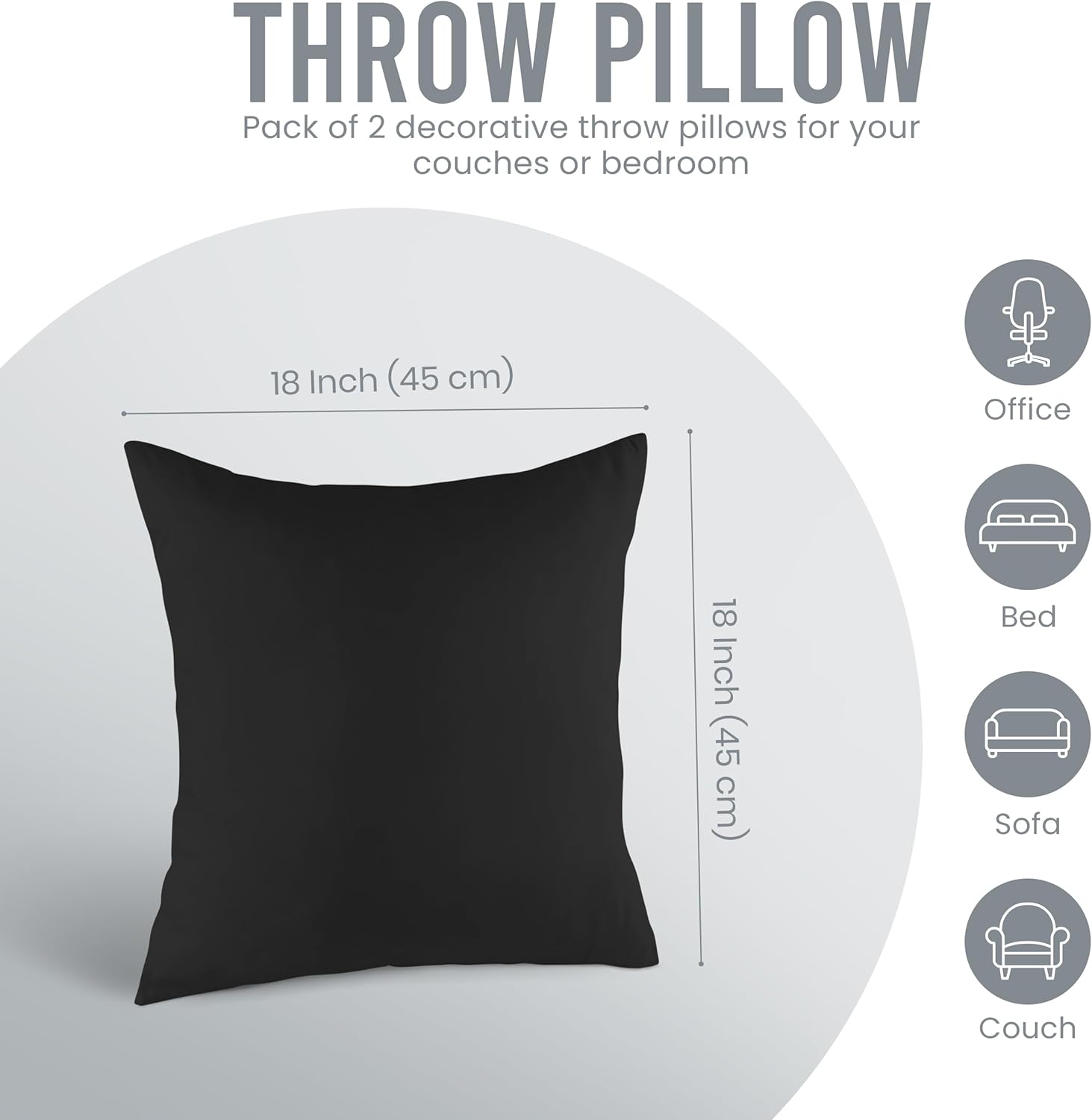 Utopia Bedding 18x18 Pillow Inserts - Set of 2 Black Decorative Throw Pillows for Sofa & Couch - Soft & Fluffy Cushions