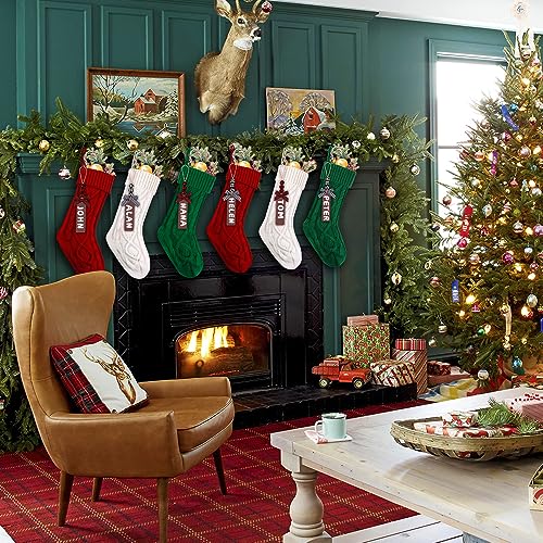18-Inch Cable Knit Christmas Stockings with Wooden Name Tags (6 Pack)