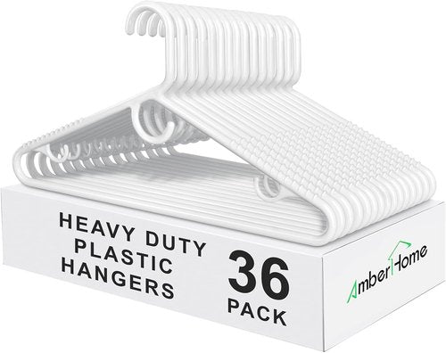 Amber Home Heavy Duty Plastic Hangers - Non-Slip White Closet Organizers with Pants Bar | 36 Pack
