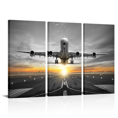 HOMEOART Aviation Decor Airplane Plane Flying Over Runway Canvas Wall Art Boys Room Decor Picture Framed Canvas Print Ready to Hang 16x32inchx3 Panels