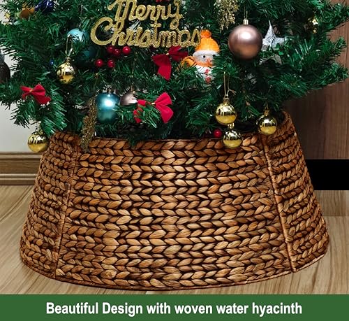 Woven Rattan Christmas Tree Collar - 42 Inch Rustic Tree Ring, Brown Wash