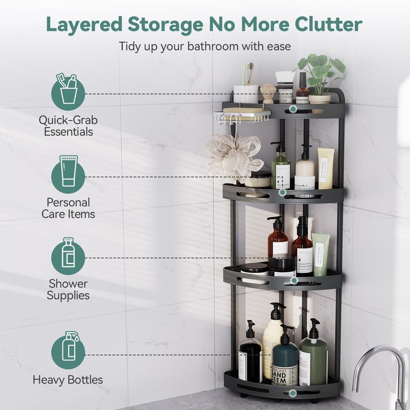 Binecer Corner Shower Caddy Stand, 4 Tier Standing Shower Organizer with Soap Holder, Rustproof Shower Shelves for Bathroom Shampoo Storage, Grey