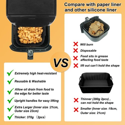 BYKITCHEN 9-Inch Square Silicone Air Fryer Liners - Reusable Tray Inserts for 6 to 8QT Air Fryers | Set of 2