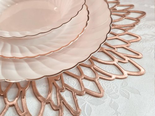 " OCCASIONS " 20 Pieces Pack Pressed Vinyl Metallic Placemats/Wedding Accent Centerpiece Placemat (Leaf, Rose Gold)