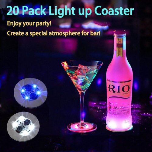 20Pcs LED Coaster Round Flash Cup Mat Sticker Lights for Wine Liquor Bottle, Drinks Party, Bar Party (White)