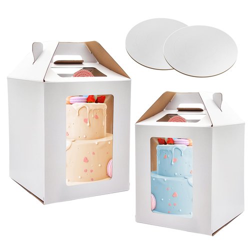 KBG Tall Cake Boxes with Window, Tiered Cake Boxes 10x10x12 & 12x12x14 Inch, Cake Carrier with 2 Cake Boards, Disposable Containers for 10 & 12 Inch