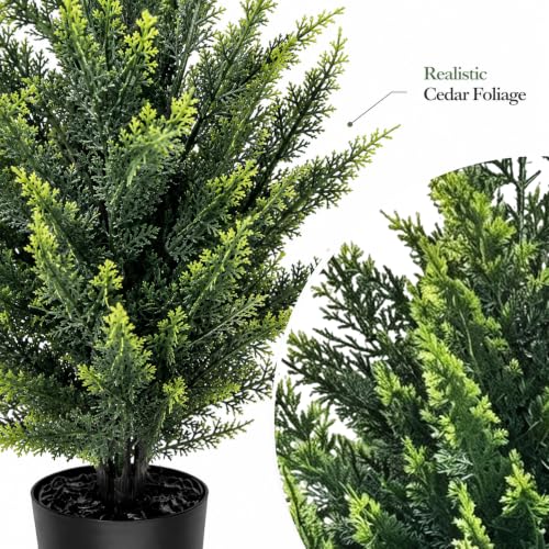 THKFUL 3ft Artificial Cedar Trees, 2 Pack in Pots, UV-Resistant Faux Cypress Topiary for Front Porch