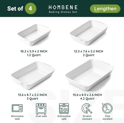 HOMBENE Baking Dish Set - Ceramic Bakeware with Handles | Oven & Microwave Safe | 1.2QT to 4.2QT Sizes