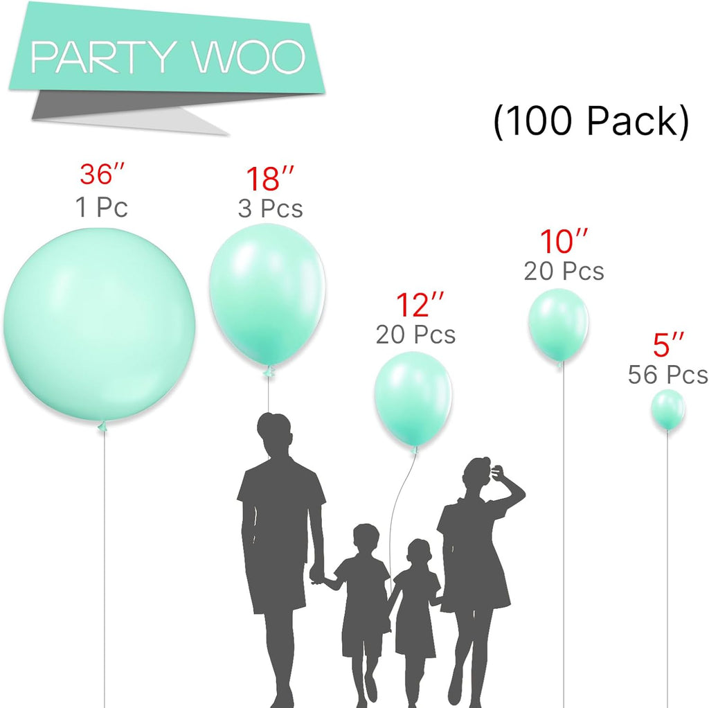 PartyWoo Mint Balloons - 100 Pcs Pastel Teal in Various Sizes for Stunning Party Decorations