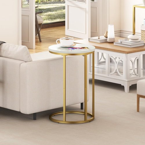 Function Home C Table End Table, Marble C Shaped Sofa Side Table, Couch Tables That Slide Under, Snack Accent Table for Living Room Bedroom Small Space, Marble Top and Gold Metal Frame