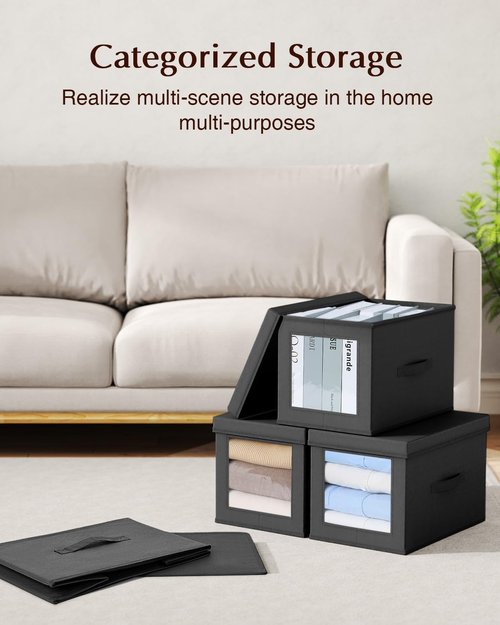 Homsorout Collapsible Storage Bins - Foldable Decorative Boxes with Lids, 15-Inch, 5-Pack, Black