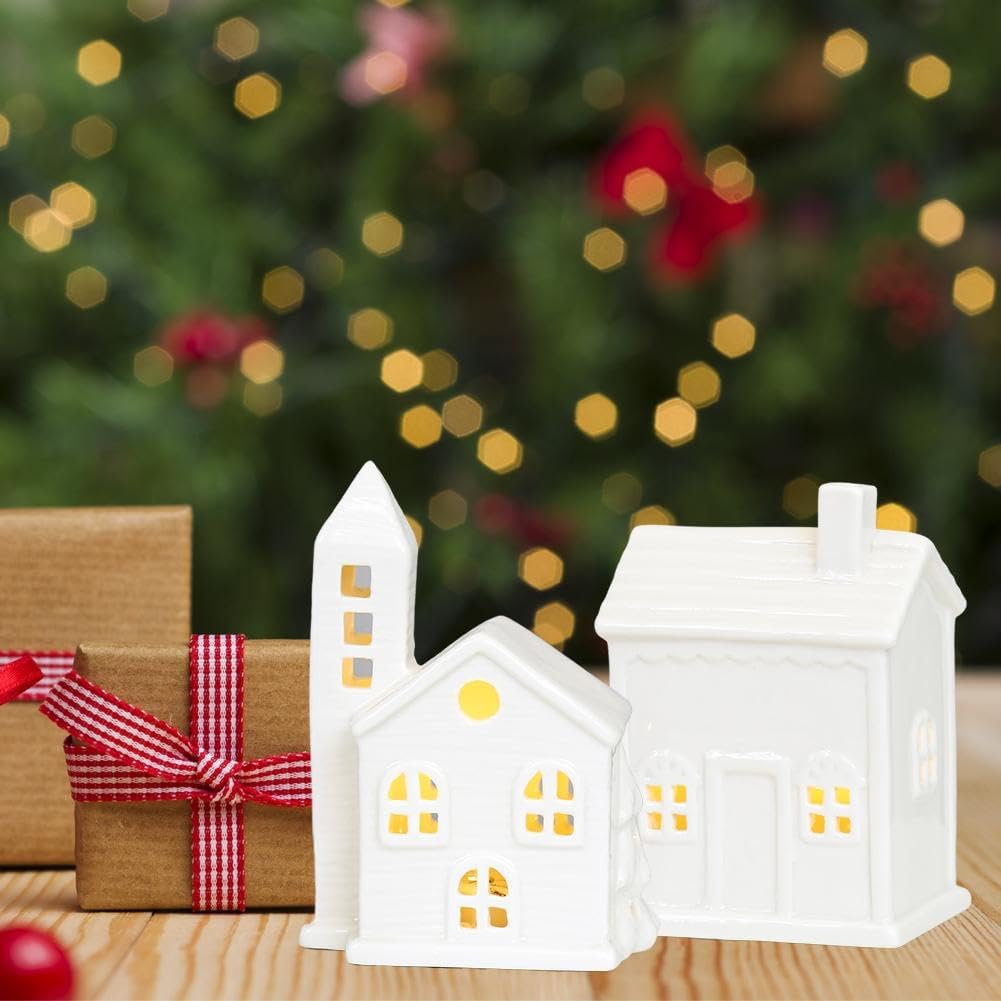 Regine Switzerland Christmas Village Houses - Illuminated White Ceramic Set with Remote Control | Rustic Holiday Decor for Tabletop Display