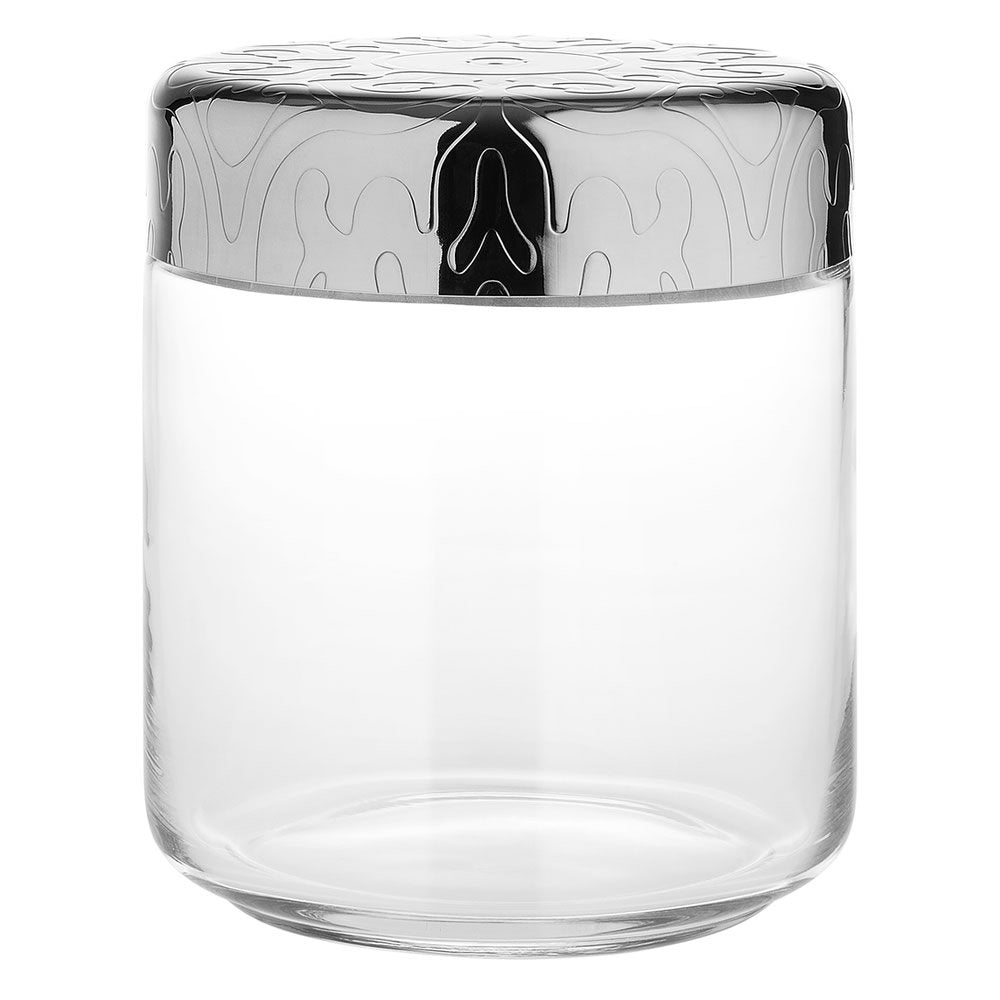 Alessi MW21/75 "Dressed" Glass Jar Hermetic Lid in 18/10 Stainless Steel Mirror Polished With Relief Decoration, Silver