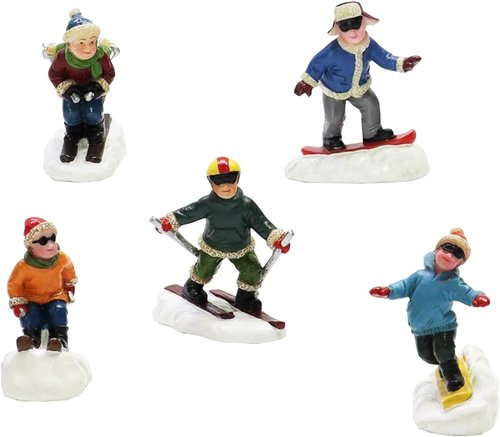 Moments In Time Christmas Village Set - Hand-Painted Skiing & Snowboarding Figures | 5 Polyresin Holiday Decor