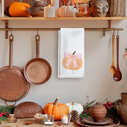 Tzhim Fall Kitchen Towels, Pink Bowknot Decorative Fall Hand Towels, Pumpkin Autumn Dish Towels Dishcloths Tea Towels for Kitchen Bathroom, Preppy Coquette Fall Kitchen Bathroom Decor, 16x24in