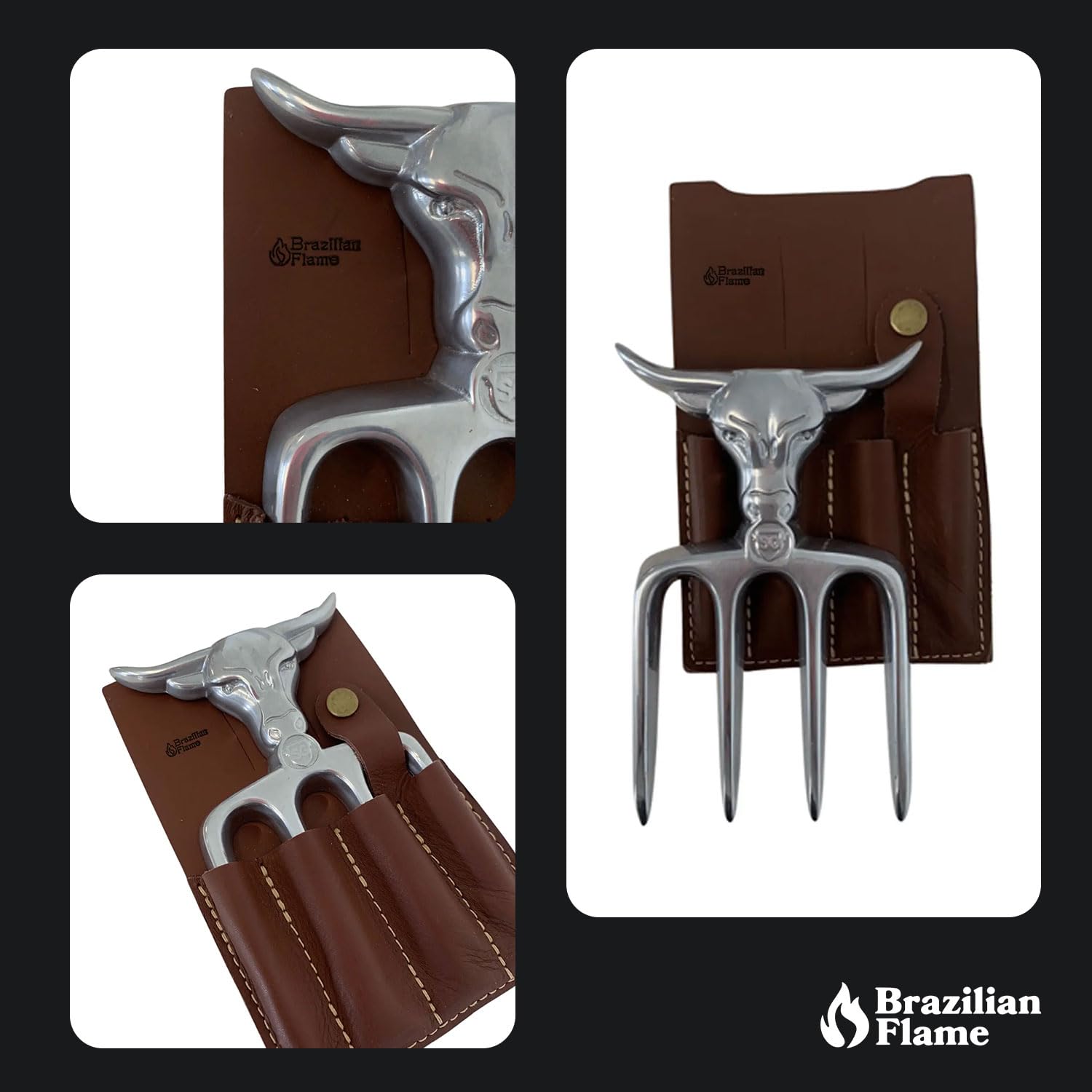 Brazilian Flame Aluminum Bad Bull Fork 4 Teeth with Leather Sheath