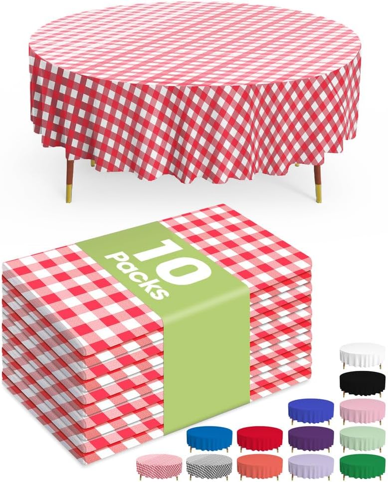 Pureegg Disposable Plastic Tablecloths - 10 Pack, 84'' Round Red & White Gingham Covers for Parties & Picnics