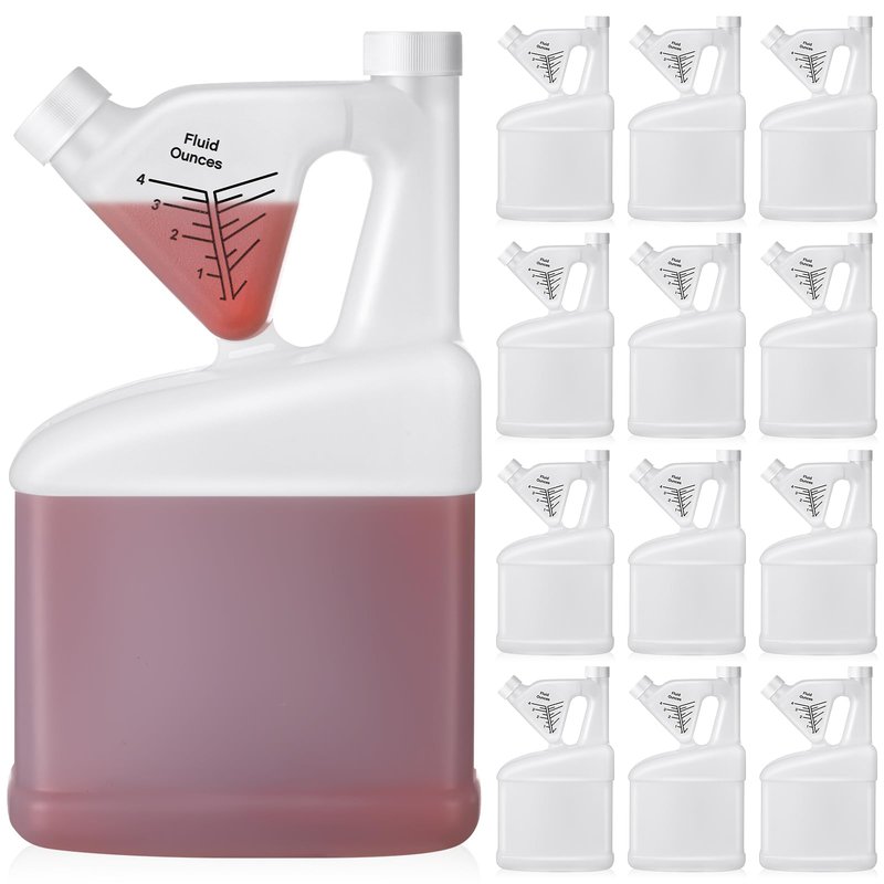Yiyiring 12 Pcs 64 oz Measure Container Tip and Pour Measuring Chemical Containers HDPE Plastic Measuring Bottle, up to 4oz Measure Capacity