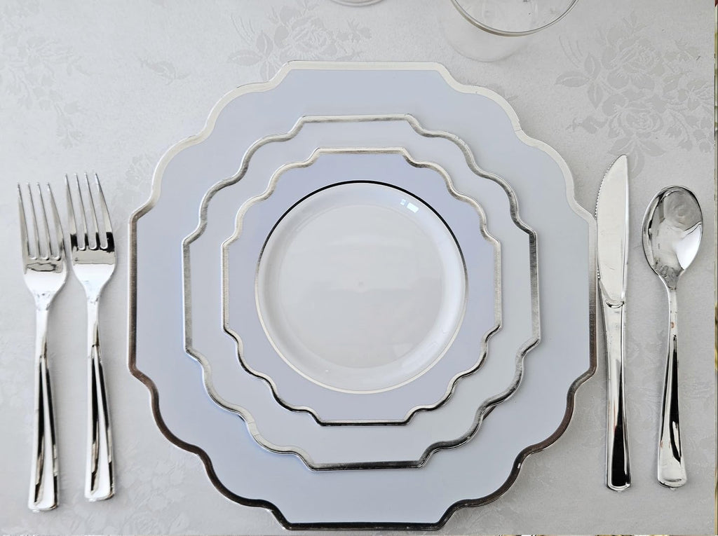 " OCCASIONS " 120 Plates Pack, Heavyweight Disposable Wedding Party Plastic Plates (8'' Appetizer/Dessert Plate, Imperial in White/Blue & Silver)