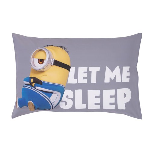 Illimuniation Lazy Minions Club Gray, Blue, Yellow, and White Let Me Sleep 4 Piece Toddler Bed Set - Comforter, Fitted Bottom Sheet, Flat Top Sheet, and Reversible Pillowcase
