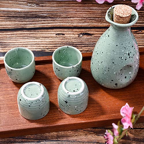 Large Cyan Ceramic Sake Set with Cork Stopper - Moss Green Speckled Drinkingware