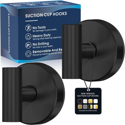 MOTAIPEAK Heavy Duty Suction Cup Hooks - No Drill Wall Mounted Towel Hooks for Bathroom & Kitchen | Black (2 Pack)