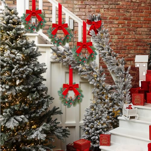 Knitgrip 4 Pcs Mini Christmas Wreaths with Red Bows & Pine Cones for Cabinets, Indoor Decor