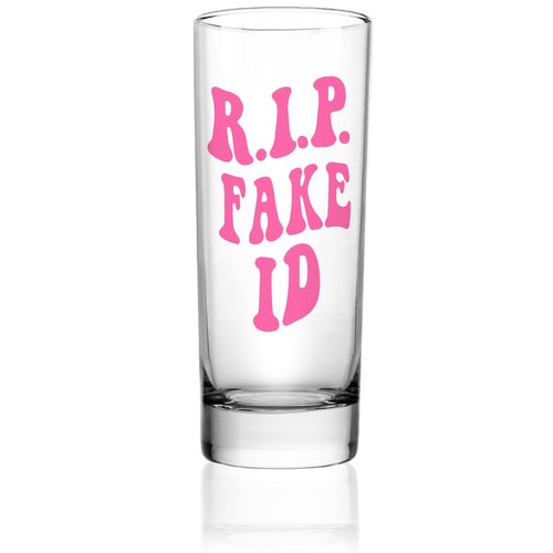 JUSTOTRY 21st Birthday Pink Shot Glass - RIP FAKE ID - 2oz Shot Glass - Best 21st Birthday Decorations - Ideal for Women