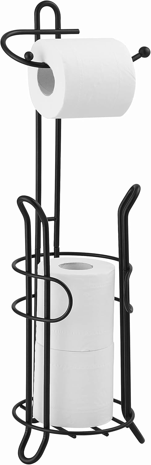 SunnyPoint Toilet Paper Holder - Freestanding Design with Storage for 3 Spare Rolls, Heavy-Duty Steel, Black Finish