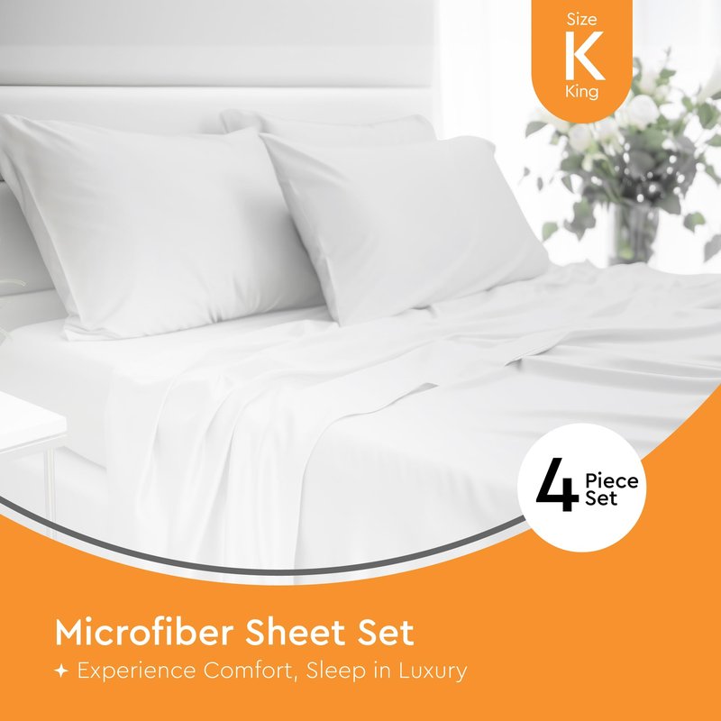 Sleep Mantra King Size Sheets Set - Includes 1 Flat & 1 Fitted Sheets & 2 Pillowcases - Breathable, Soft - Wrinkle Free & Machine Washable - Cooling Sheets King Size Bed - White, Set of 4