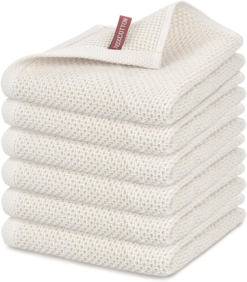 Nialnant Kitchen Towels - 100% Cotton Waffle Weave, Extra Soft & Absorbent - 6 Pack, Beige, 13 x 28 Inch