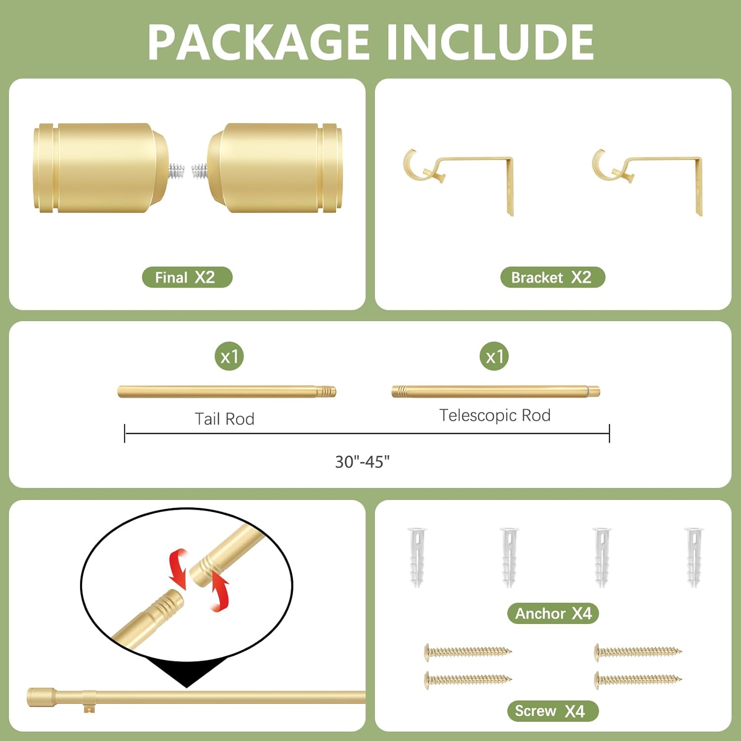 Regine Switzerland Adjustable Curtain Rods - 5/8” Diameter, 30-45 Inch for Small Windows | Gold Finish with Brackets