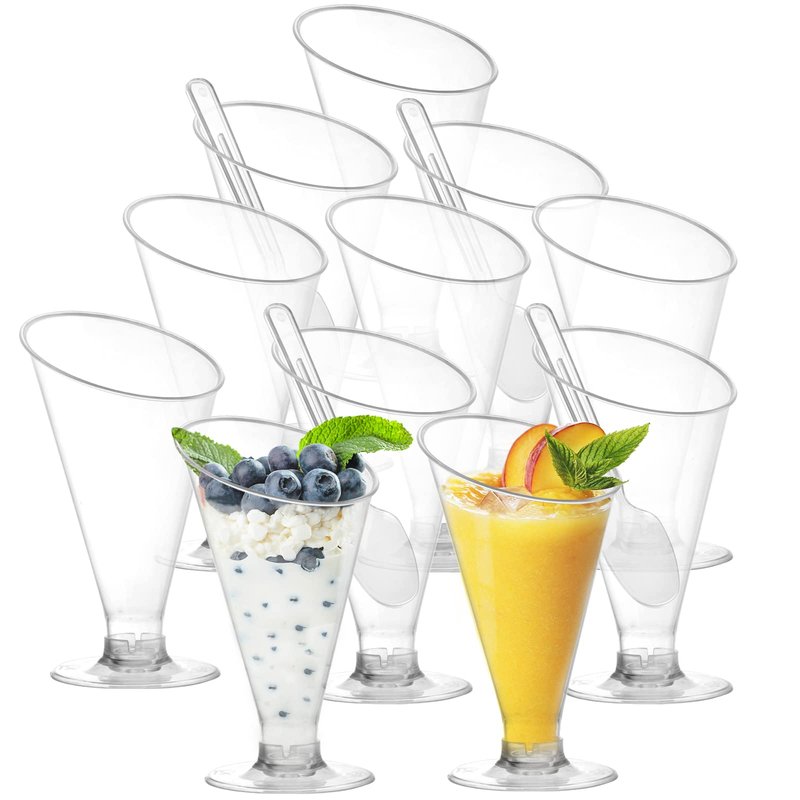 Foraineam 100 Pack Clear Dessert Cups with Spoons, 4 oz Disposable Plastic Champagne Flutes Cocktail Glasses, Reusable Parfait Appetizer Cup Mousse Cups for Home Gatherings, Events, Parties, Weddings