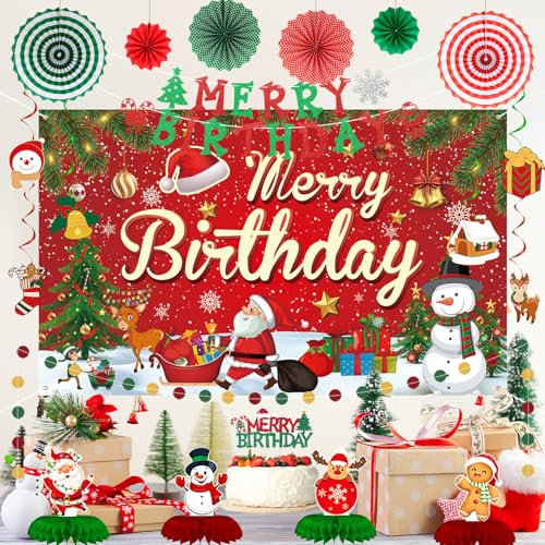 Roetyce Red Merry Birthday Christmas Party Banner – 70.8" Backdrop 5.9 ft