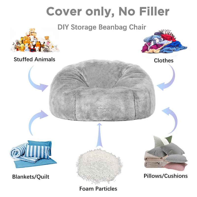 (No Filler) 6FT Giant Bean Bag Chair Cover Soft Faux RH Fur Sofa Bed Washable Bean Bag Couch Cover for Adult and Kids with Liner