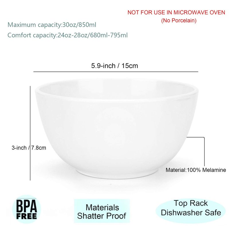 KX-WARE Melamine Bowls set - 28oz 6inch 100% Melamine Cereal/Soup/Salad Bowls, Set of 6 White | Shatter-Proof and Chip-Resistant Dishwasher Safe, BPA Free