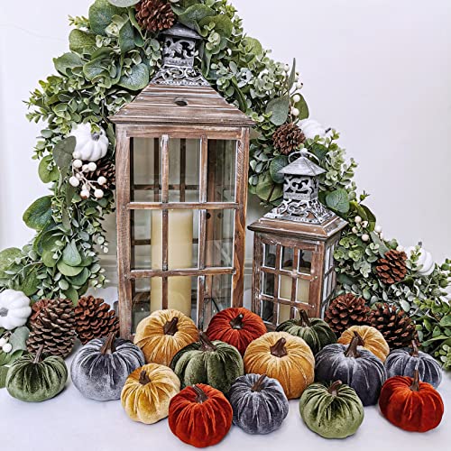 16 Pcs Small Velvet Pumpkins Set - Rustic Fall Harvest Table Decor