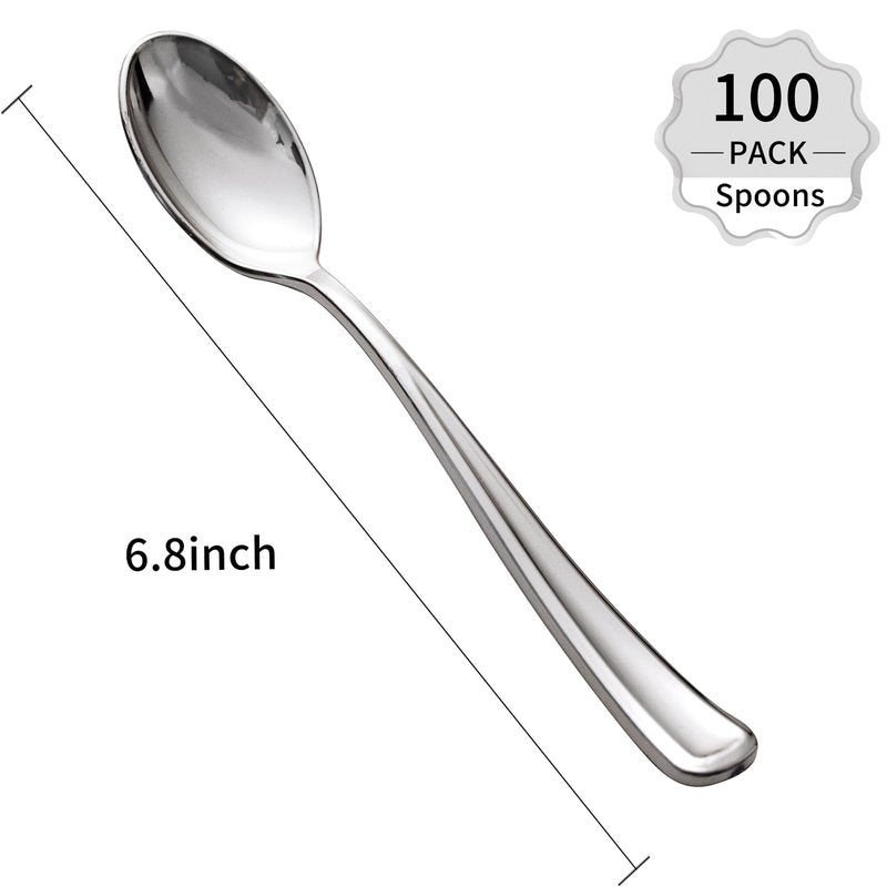 WDF 100 Pack Silver Plastic Spoons Disposable - 6.9 Inch Silver Spoons Heavy Duty Plastic Spoons, Modern Silver Disposable Spoons Perfect for Party Wedding Baby Shower Spring