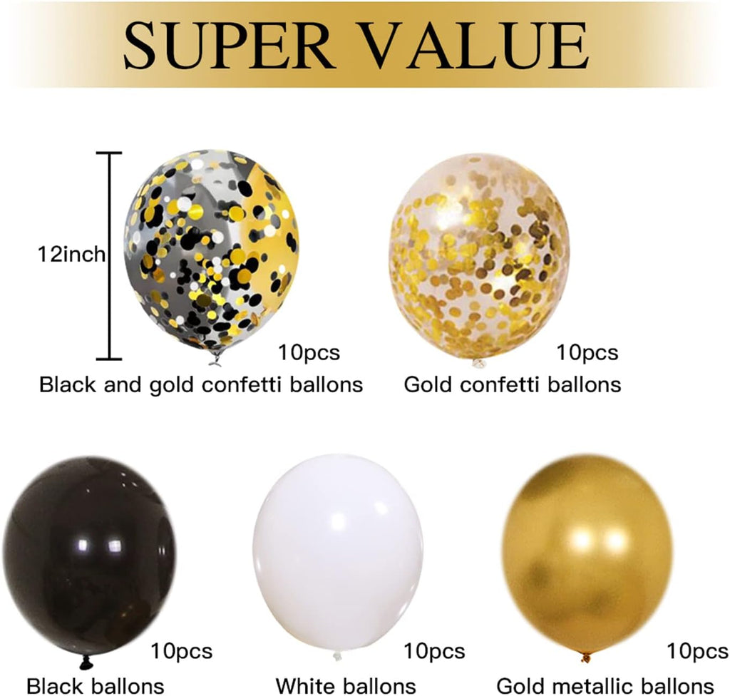Zesliwy Black Gold Confetti Balloons - 50 Pack of 12-Inch Gold, White & Black Balloons for Celebrations