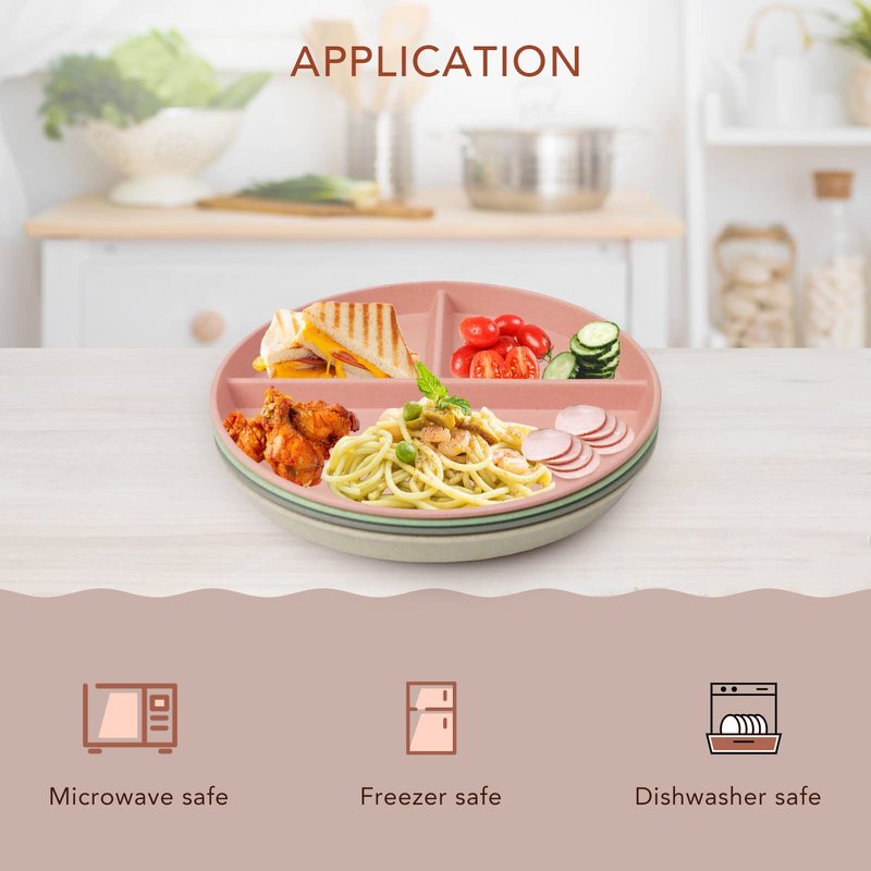 greenandlife 9 Inch (4PCS) Unbreakable Divided Plates for Kids Adults, Dishwasher & Microwave Safe Compartment Plate, Lightweight Reusable Plastic Portion Control Plates, BPA Free and Healthy